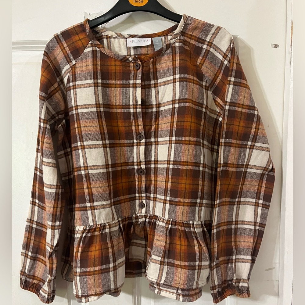 Children’s Place girls Brown and Cream Plaid Top